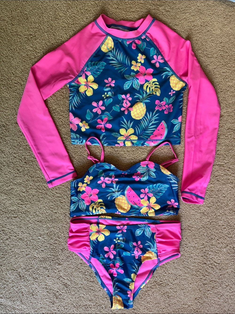 Tommy Bahama Kids Three-Piece Bikini & Rash Guard Swim Set - Navy, Pink, Yellow